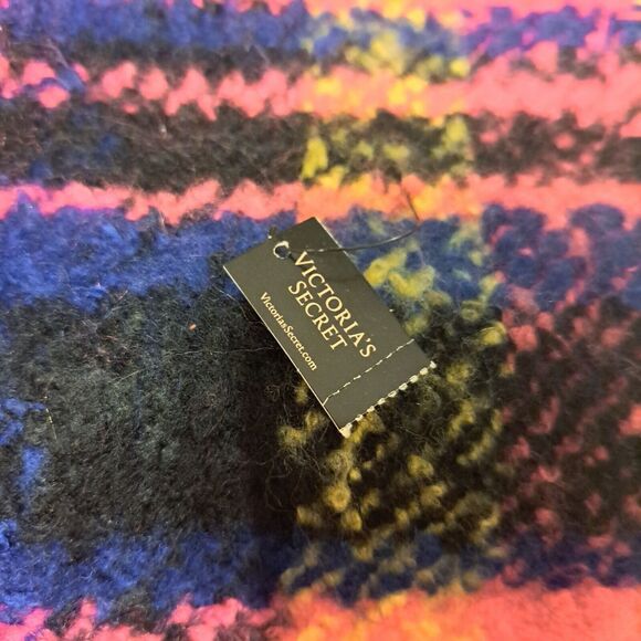 Victoria's Secret Fuzzy Bright Soft Knit Plaid Scarf Fringe Pink Yellow 77"×12" - Picture 3 of 9